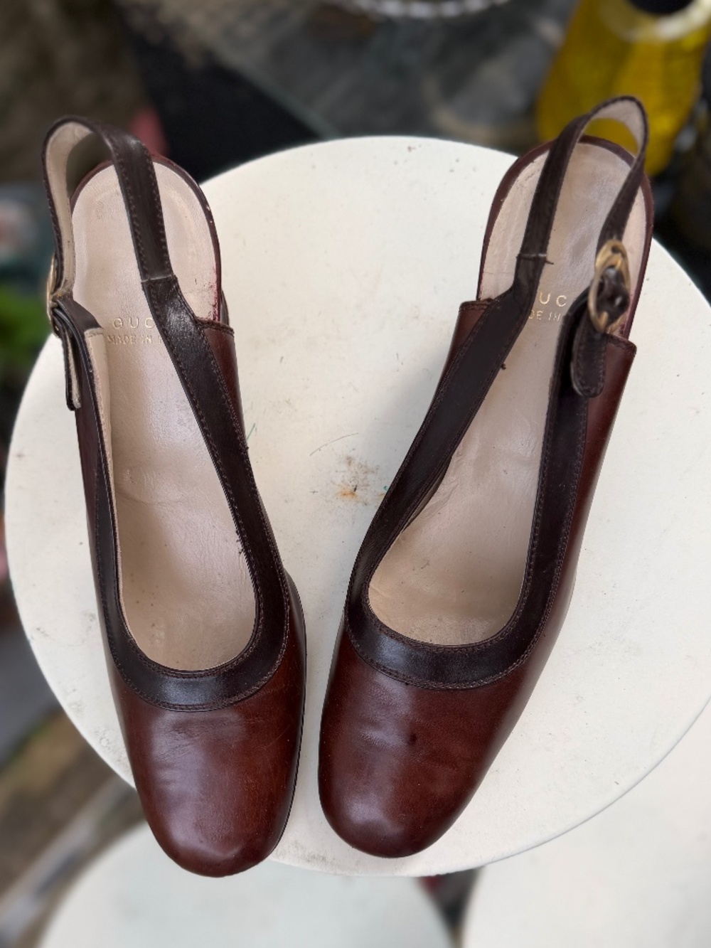 Vtg 1970s GUCCI Two Tone Brown Leather Slingback Heels Shoes Italy 36.5 B US 6.5